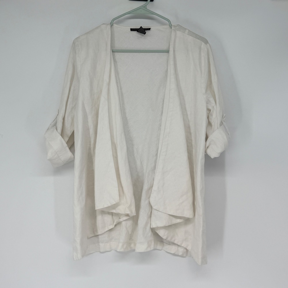 Grace Elements 100% Linen Open Front Cardigan White Size 12 Roll Tab